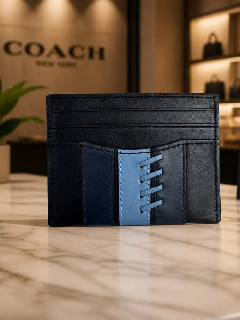 Coach F77934 Black & Blue Baseball Stitch Card Wallet